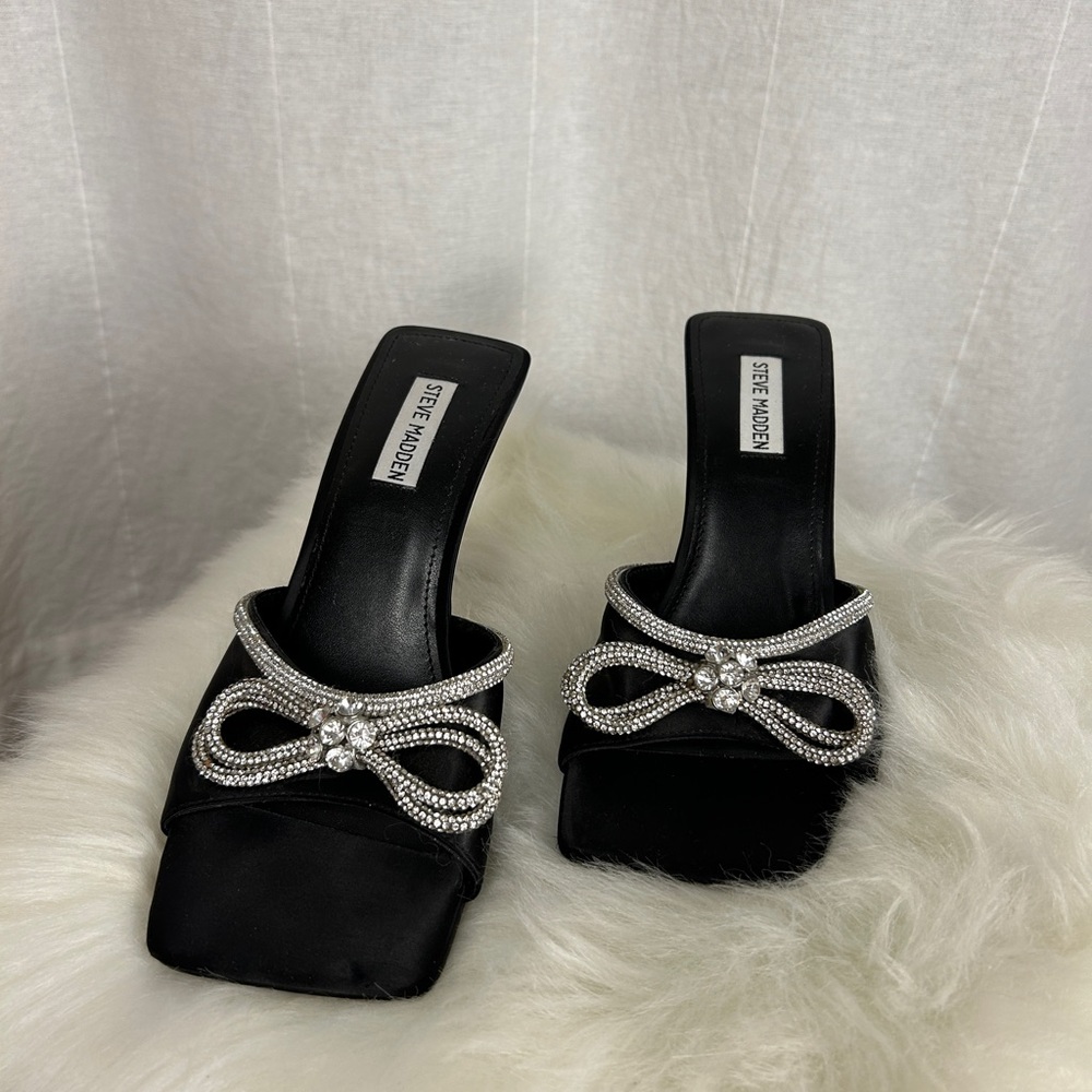Steve Madden Black Satin Mules with Crystal Bow